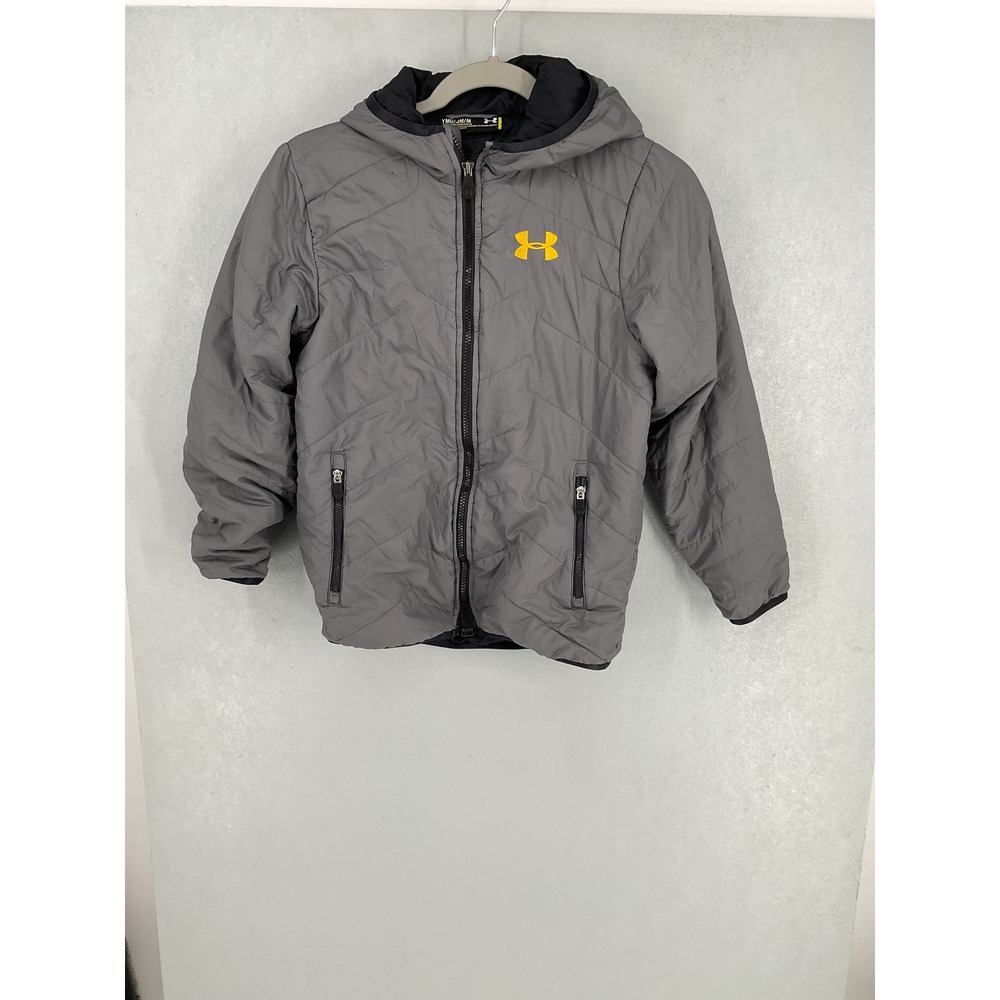 Under Armour Boys Puffer Jacket Gray Quilted Insulated Hooded Youth Medium - Picture 2 of 6